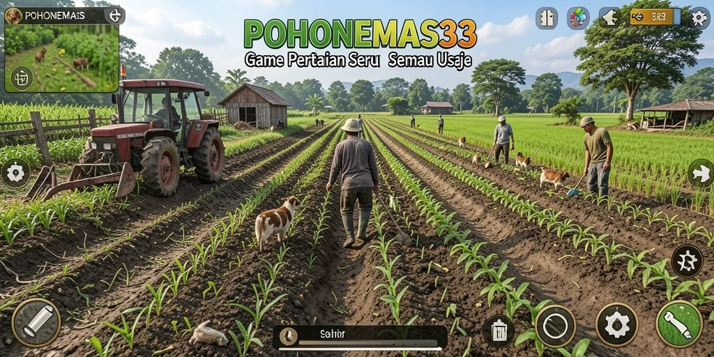 Tampilan gameplay POHONEMAS33 dengan kebun yang indah dan berbagai tanaman.